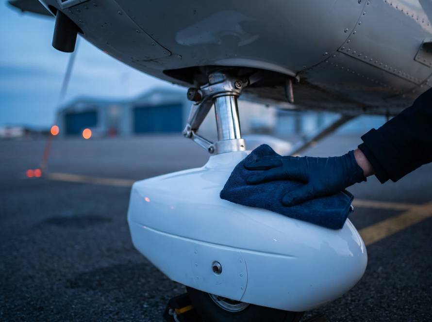 Cleaning a small aircraft wheel fairing at dusk