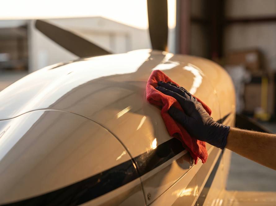 Gloved hand polishing a glossy aircraft cowling