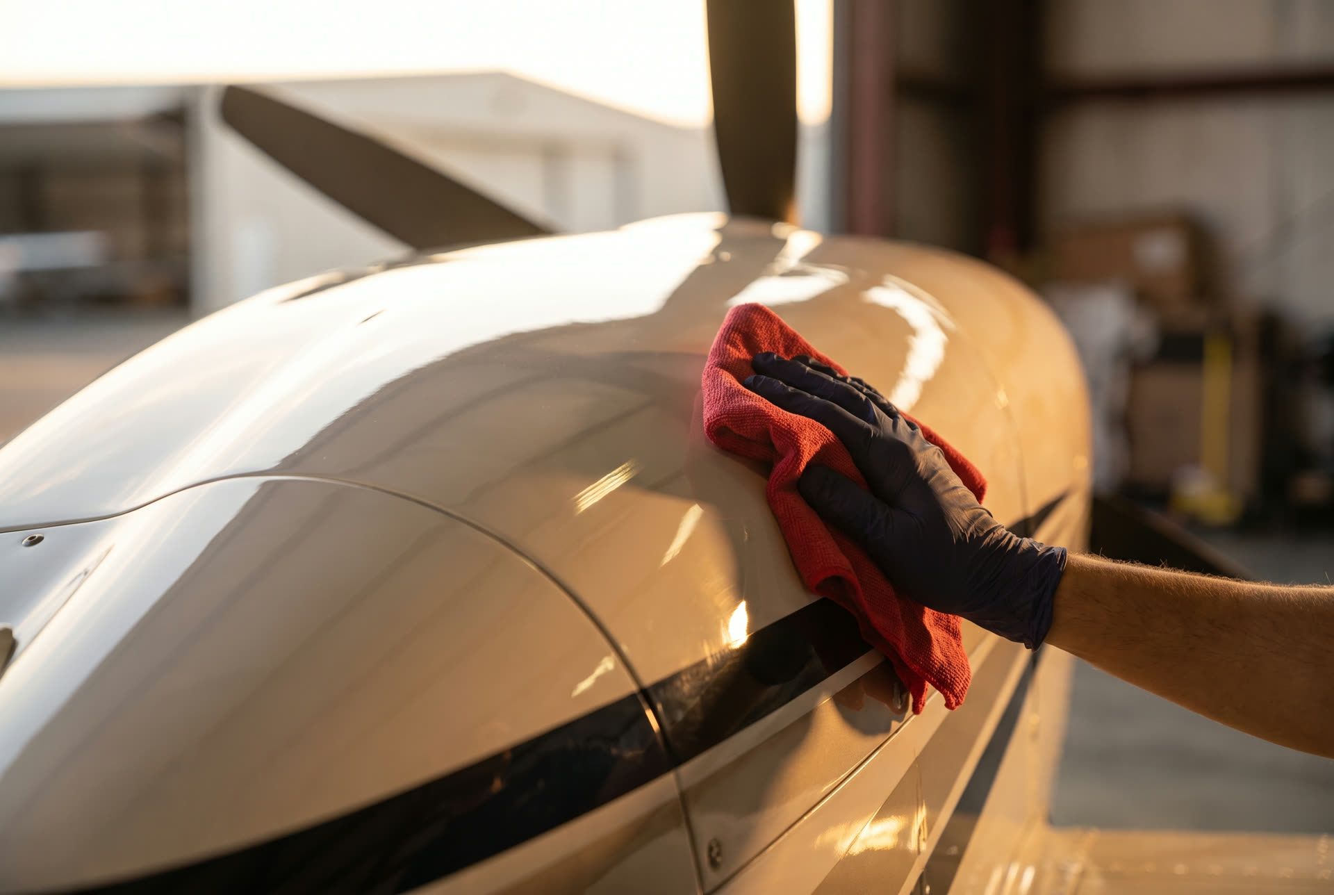 Gloved hand polishing a glossy aircraft cowling