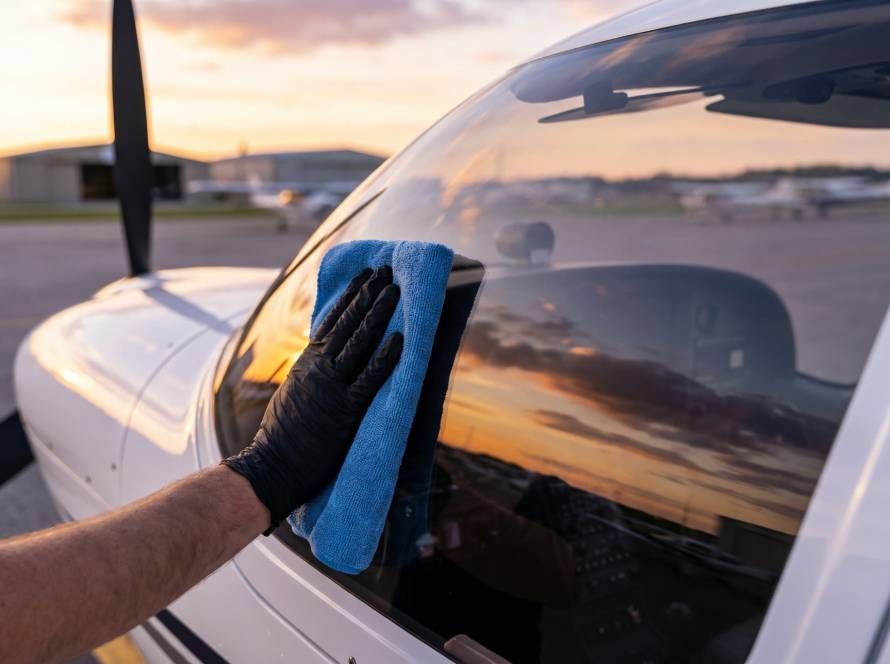 Cleaning a modern aircraft windscreen at sunset