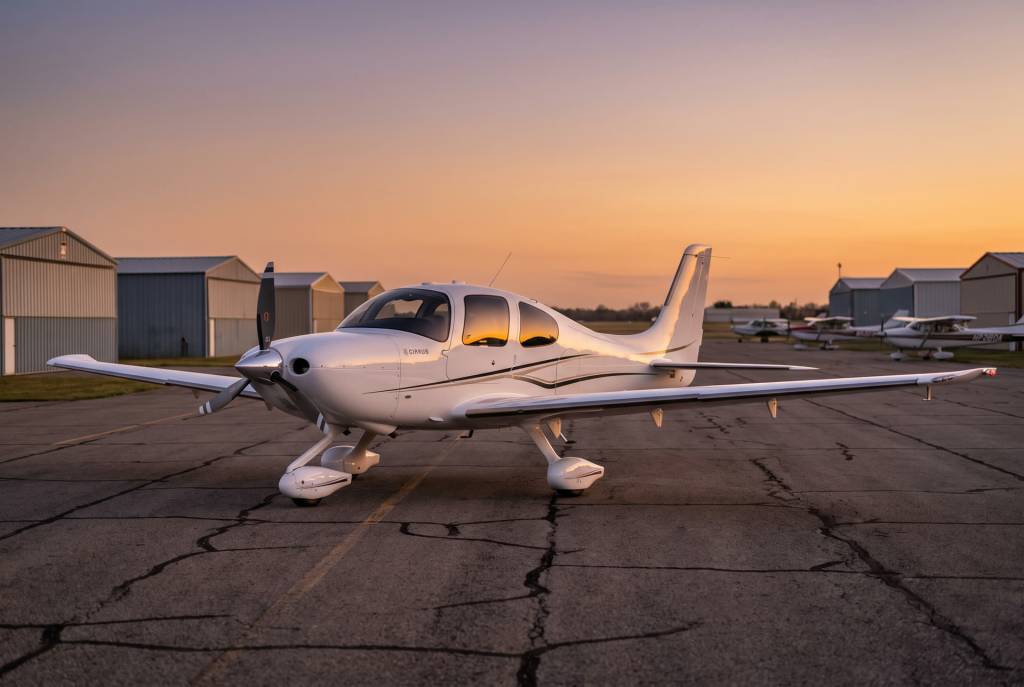 Freshly detailed Cirrus SR22 on a small airport ramp